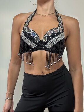 Y2K Lydia USA Black Beaded Tassel Halter Neck Bralette Crop Top Bra Size S